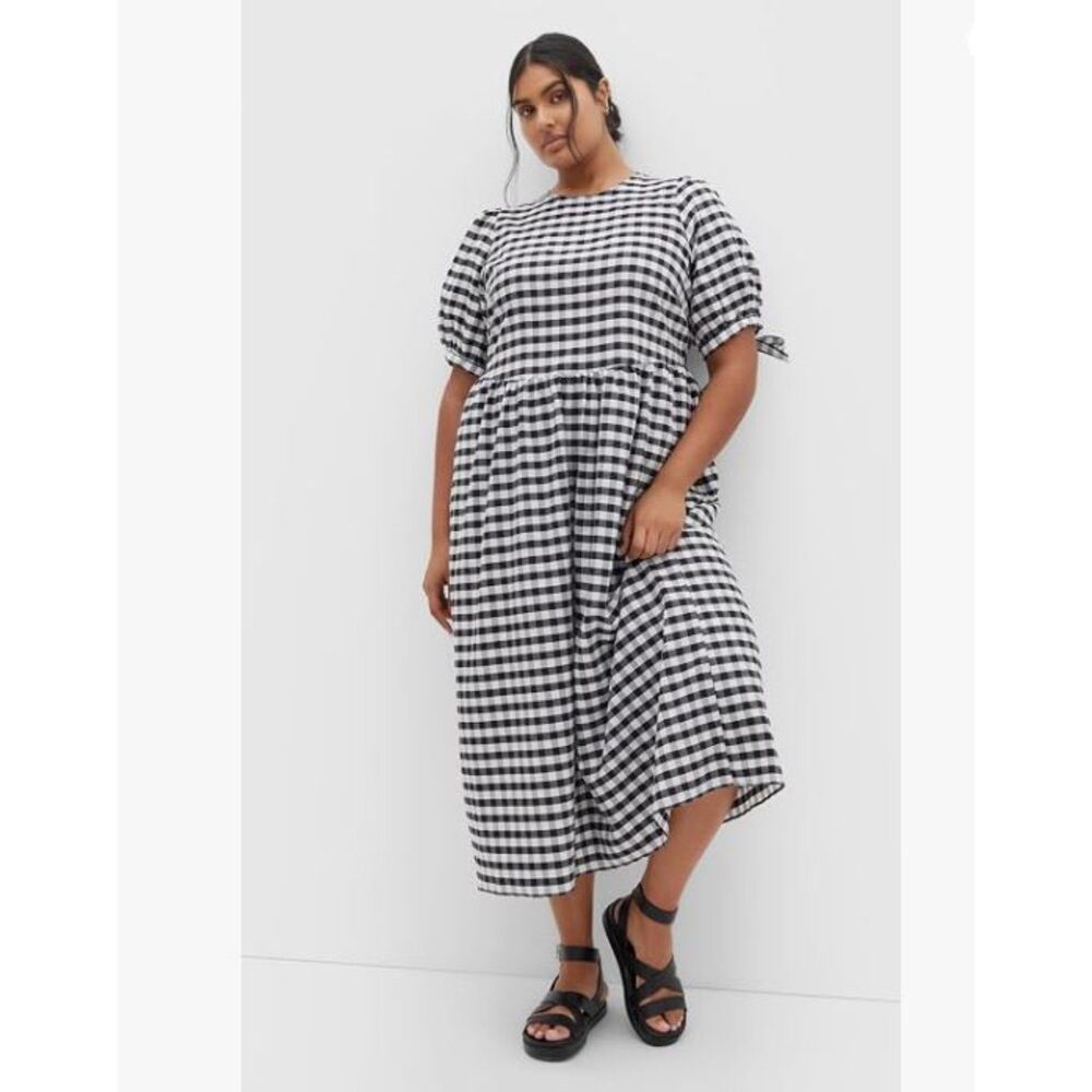 City Chic Black White Gingham Tie Sleeve Midi Dress Fit & Flare Size M (18/20)